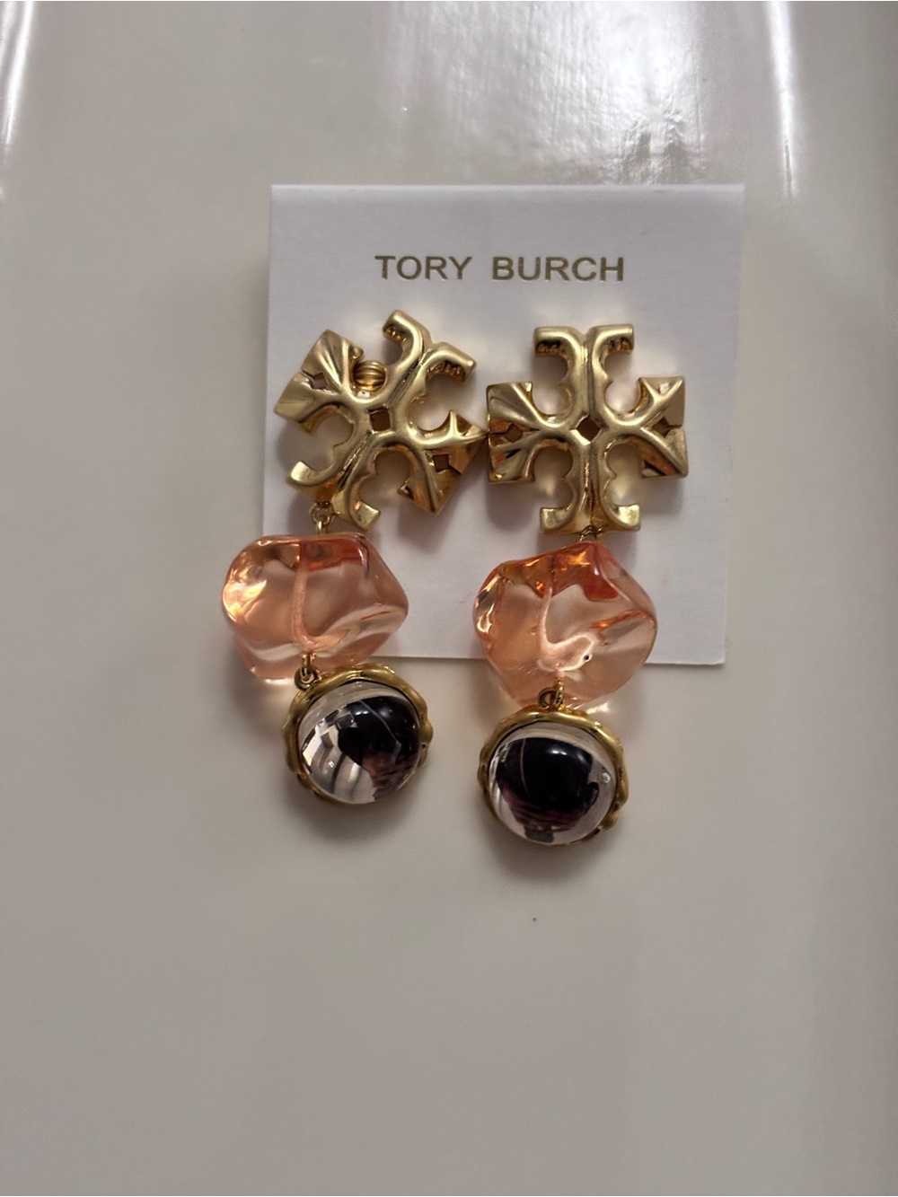 Tory Burch Gold Drop Earrings with Peach and Black Accents
